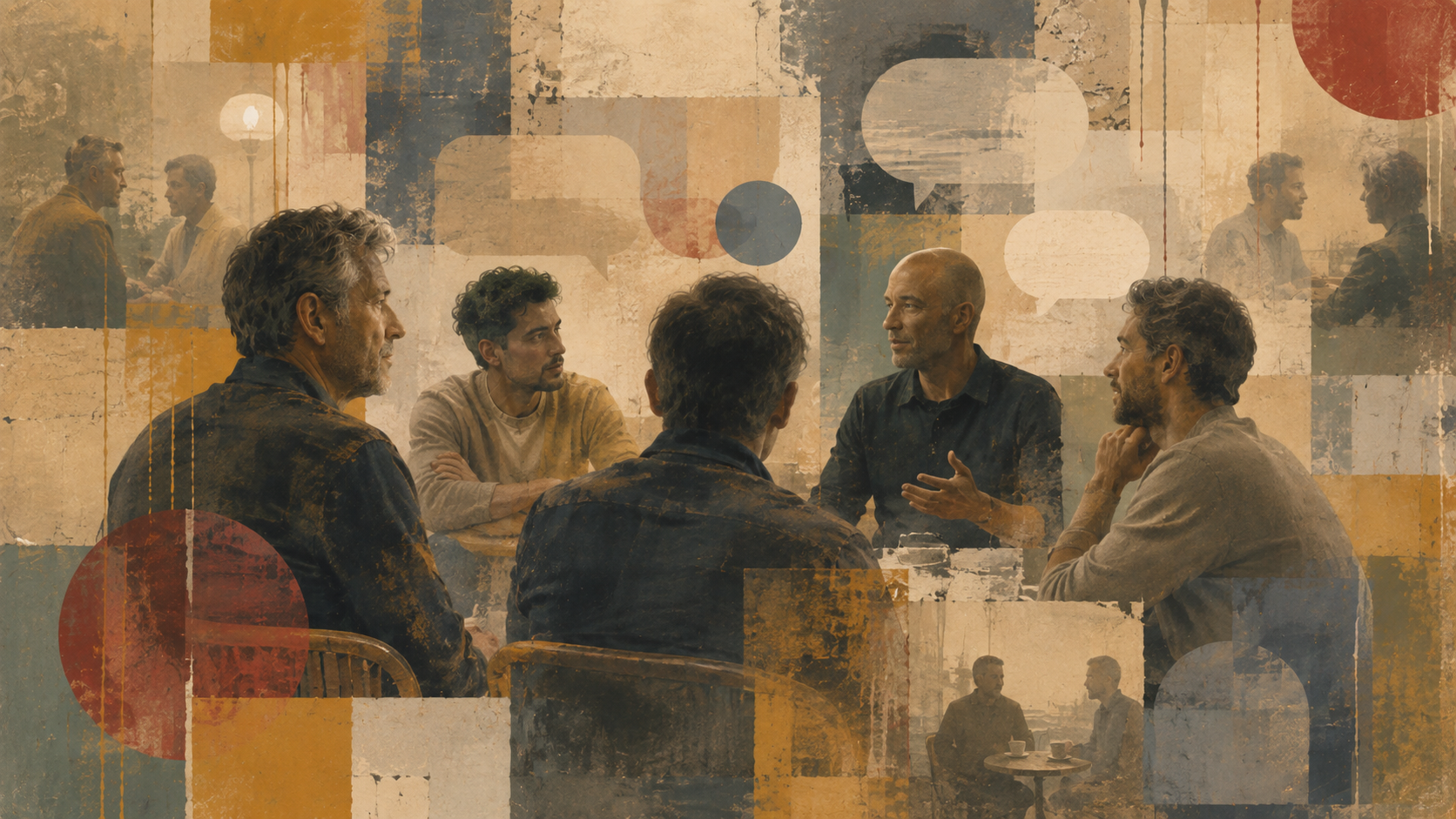 Editorial collage representing conversation and connection between gay men