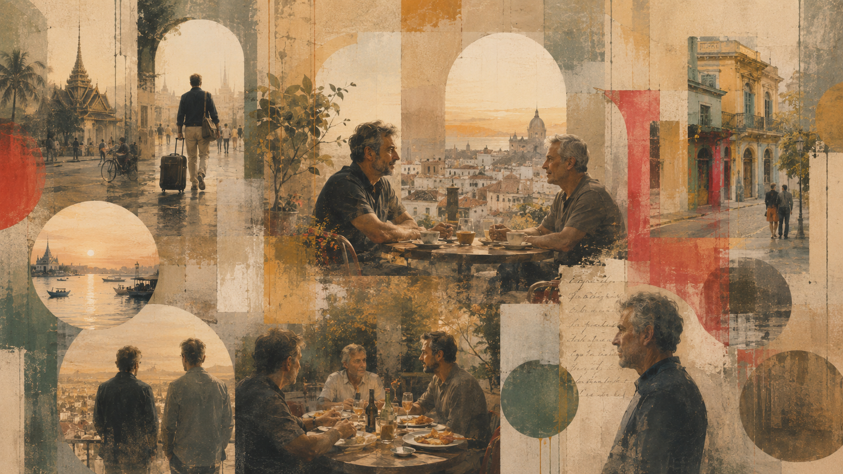 Editorial collage representing travel, friendship and Gay Lazarus retreats