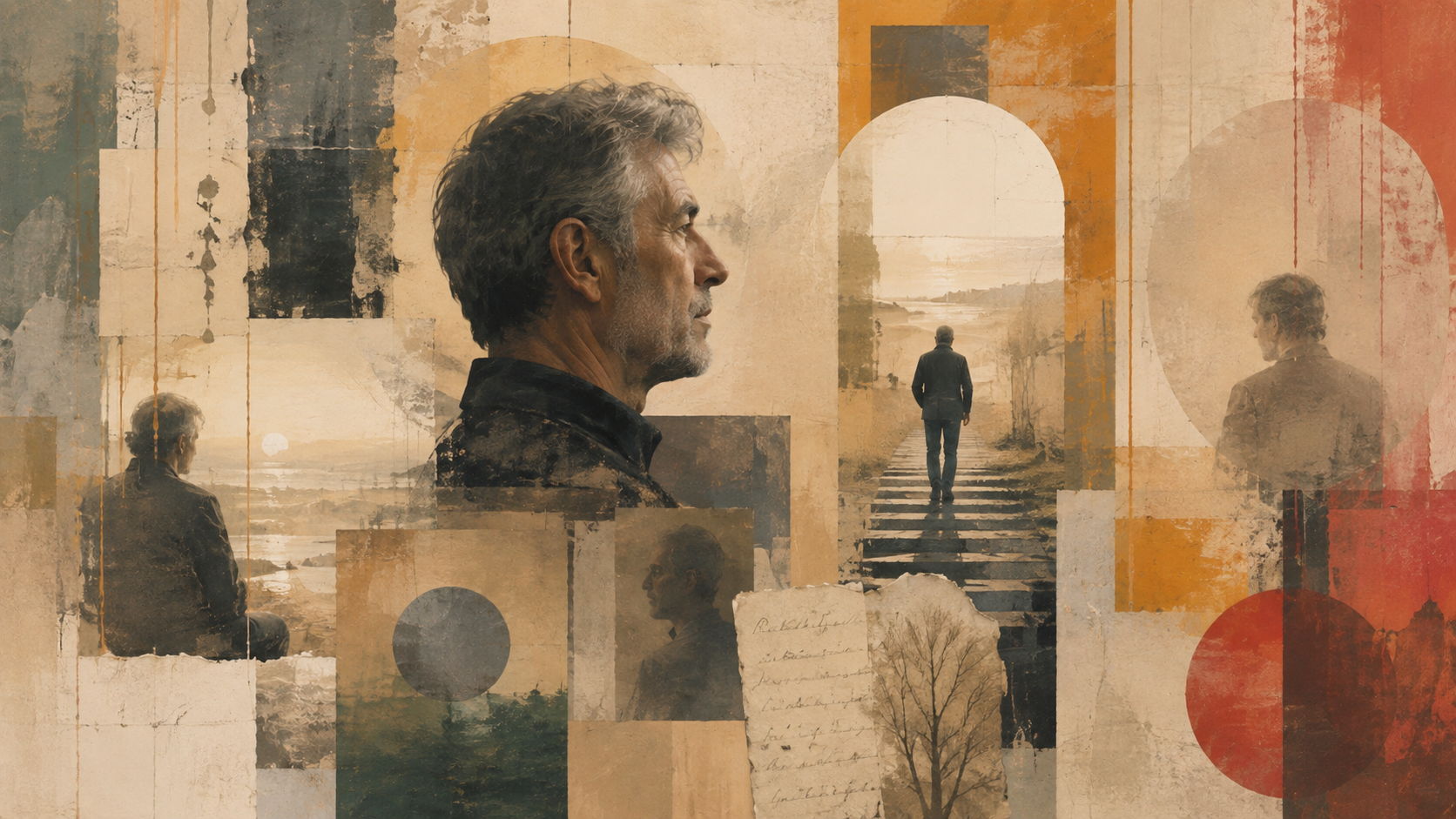 Editorial collage representing reflections on gay life, relationships and ageing